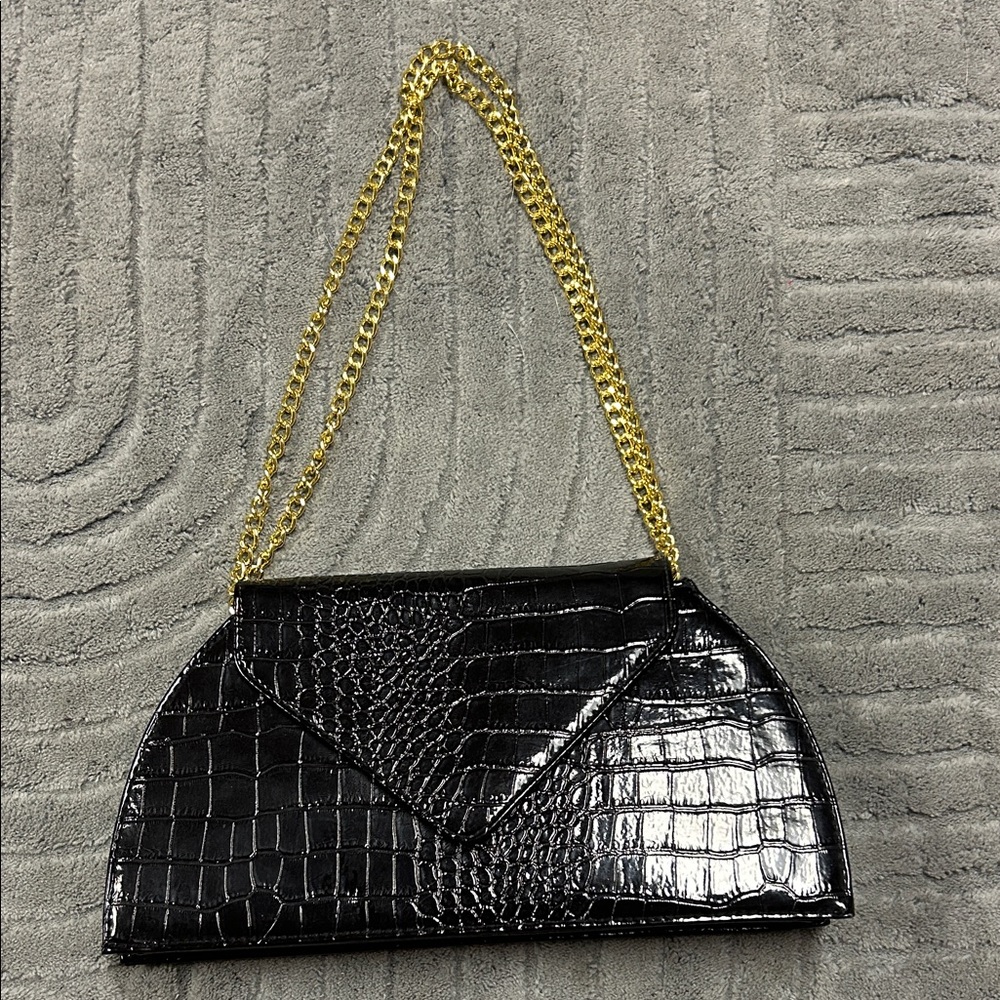 Joy & Iman Black Croc-Embossed Clutch with Gold Chain
